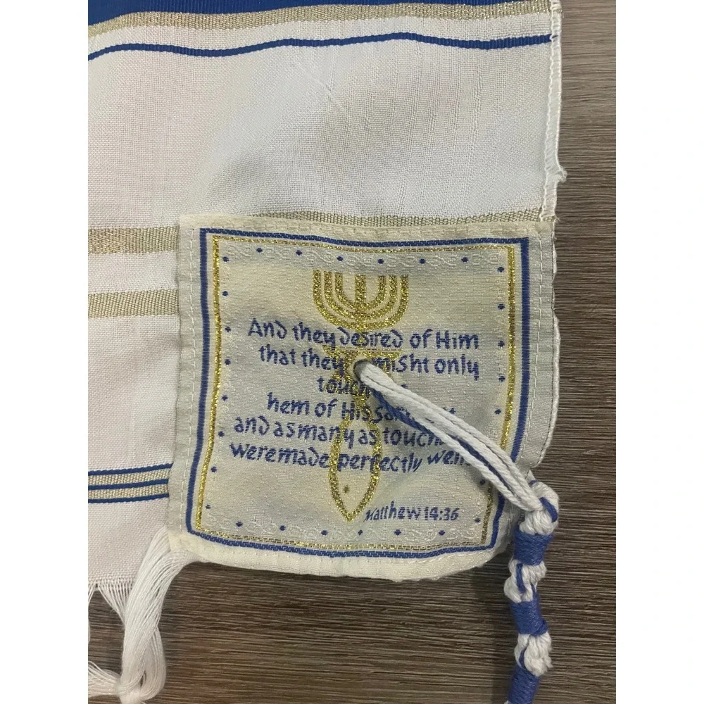 Messianic Jewish Tallit Prayer Shawl White Blue Gold Hebrew Bible Verses 70in